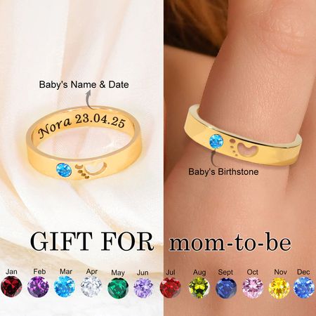 Personalized Foot Print Ring With Birthstone, New Mother's Gift